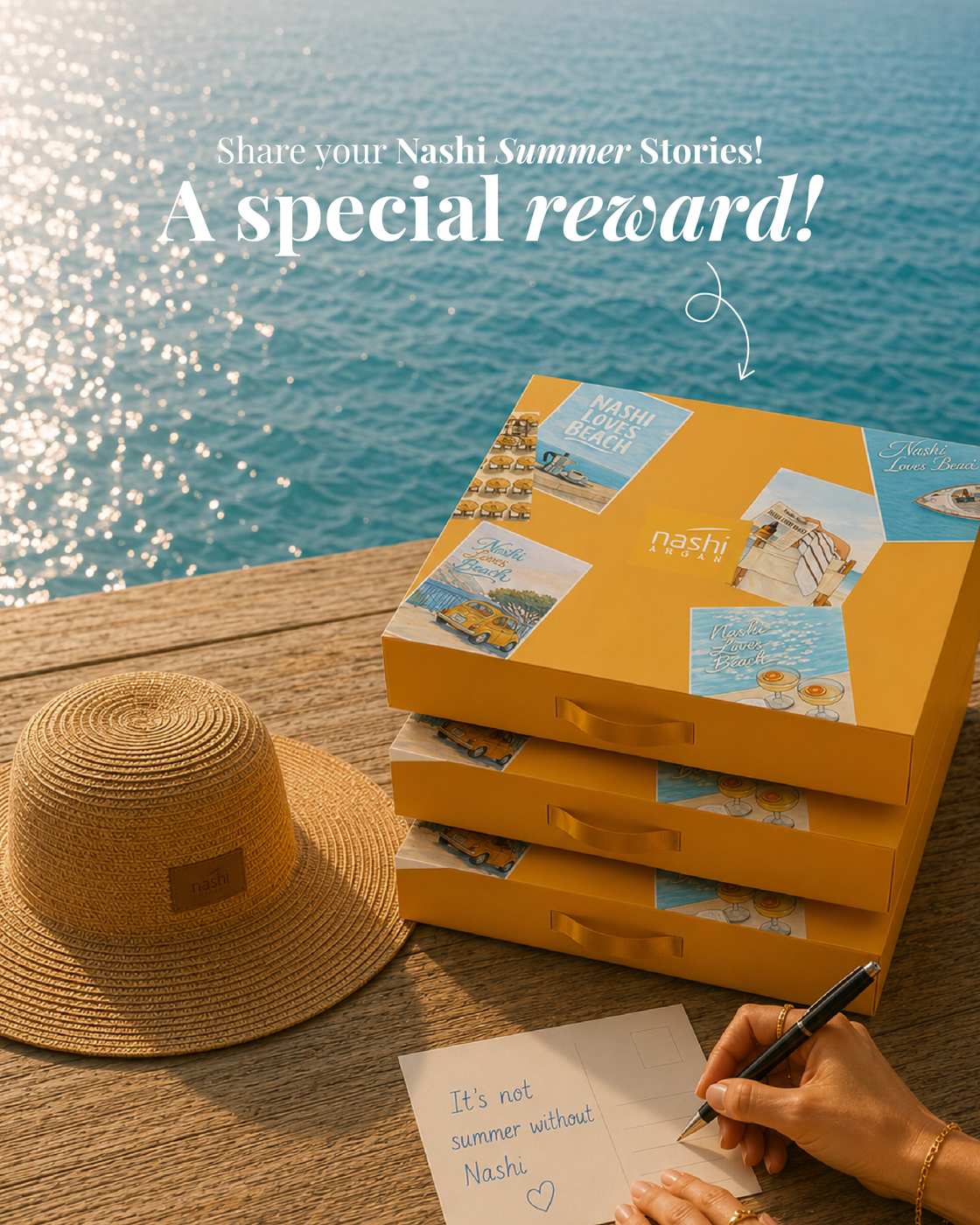Le box gialle Nashi Argan con cappello di paglia